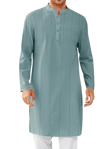 Runcati Mens Kaftan Thobe Button Down Henley Shirts Robe Long Sleeve Casual Cotton Pleated Muslim Gown Shirt - color: Bluish Gray, size: Large