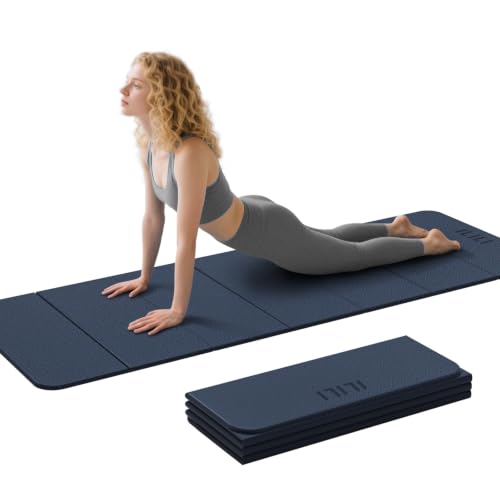 ILILI Foldable Yoga Mat 71 * 24 * 0.3 Inch | Lightweight TPE Non Slip Exercise Mat, Waterproof Portable Fitness Mat for Home Gym, Pilates, Stretching & Daily Workouts - color: Dark Blue