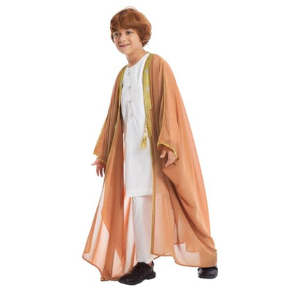 IWEMEK Kids Abaya Arabic Thobe for Boys Muslim Robes Islamic Prayer Clothes Embroidered Chiffon Kaftan Cardigan Dubai Thobe - color: Camel, size: 5-7 Years
