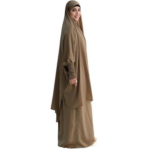 Muslim Women Abaya Two Pieces Set Prayer Dress Elasticated Sleeves Islamic Robe Modest Full Cover Prayer Clothes - color: Taro