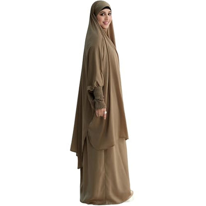 Muslim Women Abaya Two Pieces Set Prayer Dress Elasticated Sleeves Islamic Robe Modest Full Cover Prayer Clothes - color: Taro