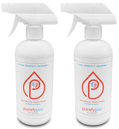 Purefypro Disinfectant Spray (16oz, 2pk) for Toys, High Chair, Playpen, Strollers - Kills 99.9999% E Coli, Norovirus, Flu Viruses, Viruses, MRSA, Bacteria, Fungi, No Rinse, No Residue
