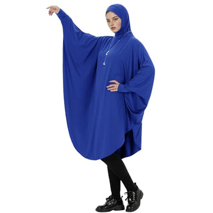 Muslim Abaya Dress for Women Highly Stretchy Batwing Hooded Prayer Hijab - color: Blue, size: Large