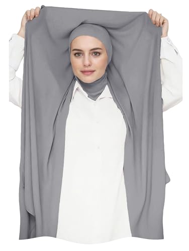 Lina & Lily Flowy Chiffon Instant Hijab Scarf Attached Jersey Ninja Undercap Full Coverage for Muslim Women - color: Dark Gray