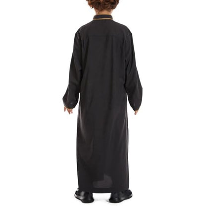 Muslim Abaya Islamic Thobe for Boys Long Sleeve Solid Festive Clothes Teen Kids Cozy Ramadan Prayer Thobe with Pocket - color: Black, size: 7-8 Years