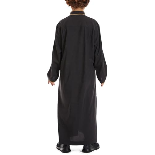 Muslim Abaya Islamic Thobe for Boys Long Sleeve Solid Festive Clothes Teen Kids Cozy Ramadan Prayer Thobe with Pocket - color: Black, size: 13-14 Years