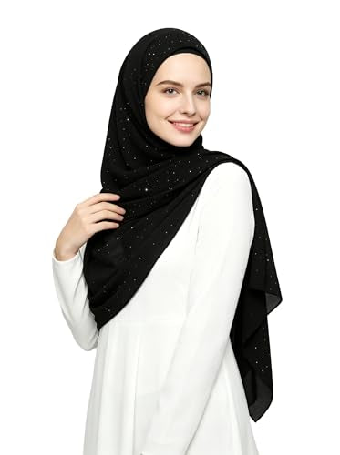 Lina & Lily Sparkle Shimmer Gold Glitter Women's Chiffon Hijab Head Scarf Shawl Wrap Lightweight - color: Black