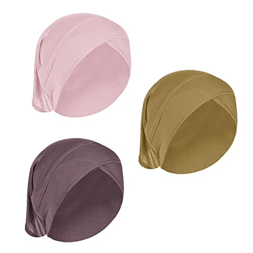PURFUN 3 Pcs Muslim Inner Hijab Caps Women Solid Color Under Hijab Caps Stretchy Breathable Full Cover Undercap Tube Bonnet - color: Yellow+coffee+pink