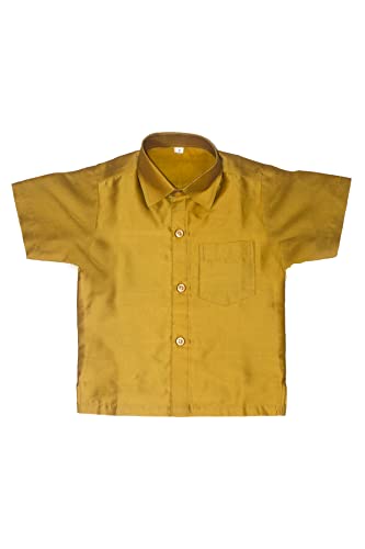 Chandrakala Boys Silk Blend Shirt with Kasavu Mundu, Dupatta & Dhoti Set | Kids Indian Traditional Party Wear(KB101) - color: Mustard Gold, size: 3-4T