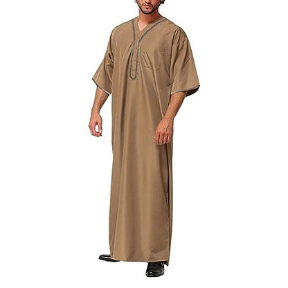 Ctreela Men's Half Sleeve Thobe Muslim Kaftan Dubai Long Gown Saudi Arab Thobe Ramadan Islamic Robes for Casual Summer Beach - color: Khaki, size: Medium