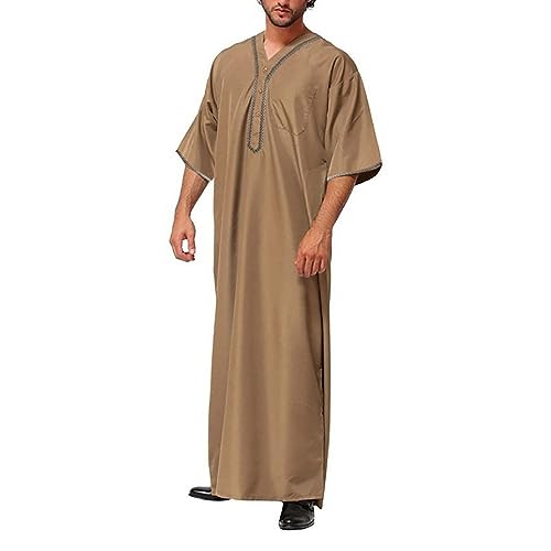 Ctreela Men's Half Sleeve Thobe Muslim Kaftan Dubai Long Gown Saudi Arab Thobe Ramadan Islamic Robes for Casual Summer Beach - color: Khaki, size: Large