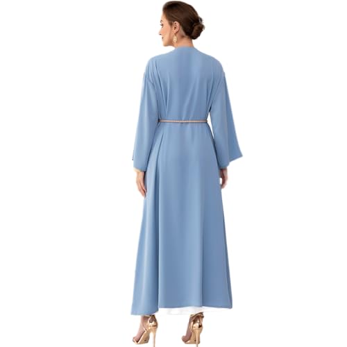 IDOPIP Muslim Abayas for Women Long Sleeve Open Front Cardigan Rhinestone Applique Islamic Dubai Maxi Kaftan Dress with Belt - color: Blue, size: Small