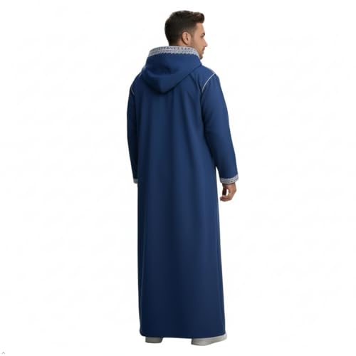 Men's Hooded Thobe - Traditional Embroidered Muslim Islamic Kaftan, Half-Zip Middle Eastern Arabic Robe - color: Blue, size: Small