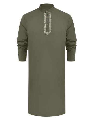 Odizli Muslim Clothes For Men Long Sleeve Stand Collar Thobe Saudi Jubba Dishdasha Kurta Diwali Outfits Indian Clothes - color: Army Green, size: Large