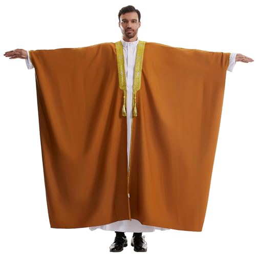 Muslim Men Thobe Thick Golden Tassel Muslim Prayer Cardigan Eid Open Abaya - color: Camel, size: Large