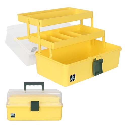WEWLINE 13-Inch Art Box Sewing Storage Organizer 3-Layers Craft Storage Organizer with Handle Plastic Storage Boxes Organizers for Kids Student Artist,Yellow - color: YELLOW