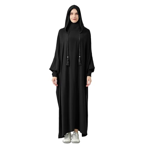 Abaya Muslim Dress Women Prayer Dress Long Sleeve Hooded Loose Maxi Dress Arabian Dubai Islamic Clothes - color: Black