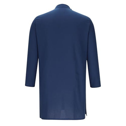 Mens Kaftan Thobe Long Sleeve Stand Collar Side Button Robe Gown Casual Loose Split Cotton Linen Muslim Shirts Top - color: Dark Blue, size: Medium