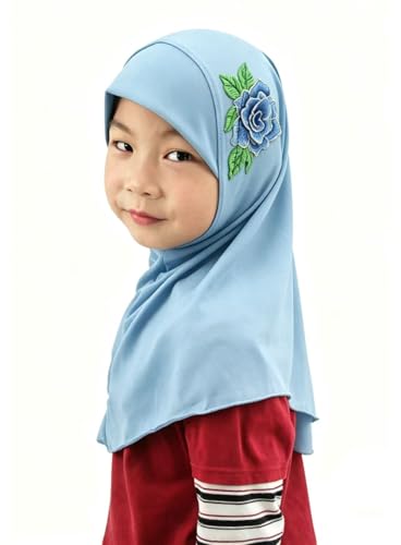 Girls Hijab Scarf Soft Headwrap with Floral Applique, One-Piece for Active Kids, Ideal for School & Daily Wear - color: Sky Blue