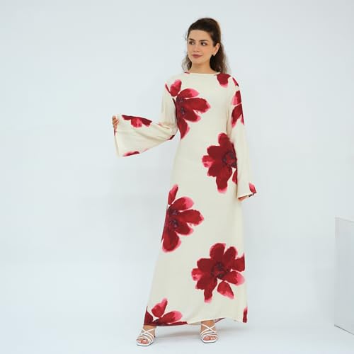 FYMNSI Womens Muslim Dresses Bell Sleeve Floral Butterfly Abaya Modest Dubai Kaftan Islamic Dress Eid Ramadan Prayer Clothes - color: White, size: Large
