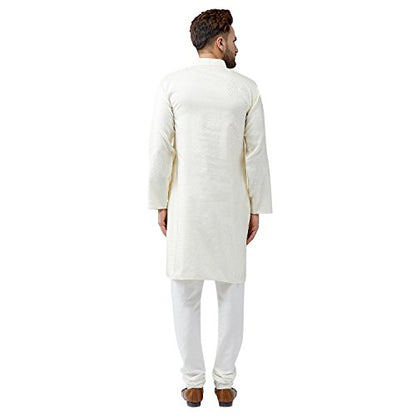 Sojanya (Since 1958 Men'S Teal Silk Blend Kurta Churidar Pyjama Set - color: Cream and Off White, size: X-Large
