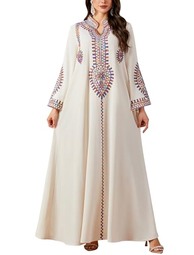 ABEWIP Muslim Dresses for Women Ramadan Kimono Long Sleeve Embroidered Islamic Prayer Dress Turkey Dubai Eid Abaya Kaftan - color: Apricot, size: Medium