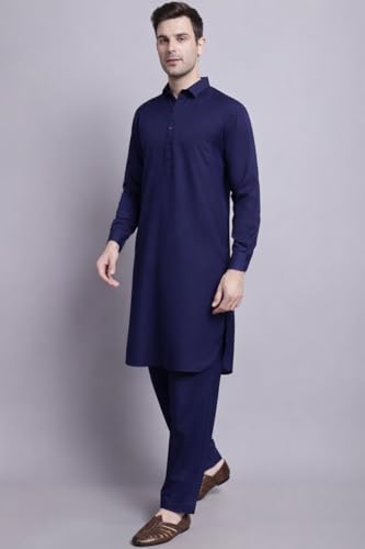Maple Clothing Punjabi Kurta Pajama Set Mens Pathani Cotton Indian Clothes Bollywood Outfit - color: Navy Blue, size: Medium