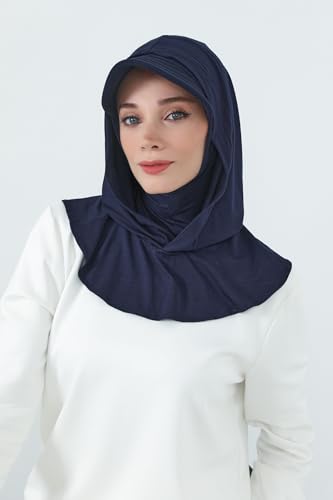Aisha's Design Full Coverage Cotton Bonnet Hijab with Visor Modest Underscarf Bonnet - color: Navy Blue