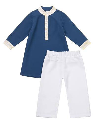 IWEMEK 2PCS Baby 1st Ramadan Outfit Muslim Clothes for Baby Boys Thobe Eid Robe Pants Set Toddler Kaftan Islamic Prayer Abaya - color: Navy Blue, size: 6-12 Months