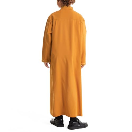 Muslim Thobe for Boys Islamic Thobe Long Sleeve Kaftan Stand Collar Button 𝐑obe Kids Ramadan Eid Outfit Prayer Clothes - color: Yellow, size: 5-6X