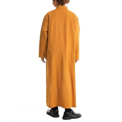 Muslim Thobe for Boys Islamic Thobe Long Sleeve Kaftan Stand Collar Button 𝐑obe Kids Ramadan Eid Outfit Prayer Clothes - color: Yellow, size: 5-6X