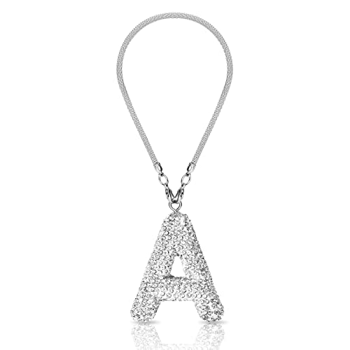 Initial Car Rear View Mirror Ornament Hanging Lucky Crystal Pendant Bling Car Accessories for Women Rhinestone Charm Auto Decoration (White A)