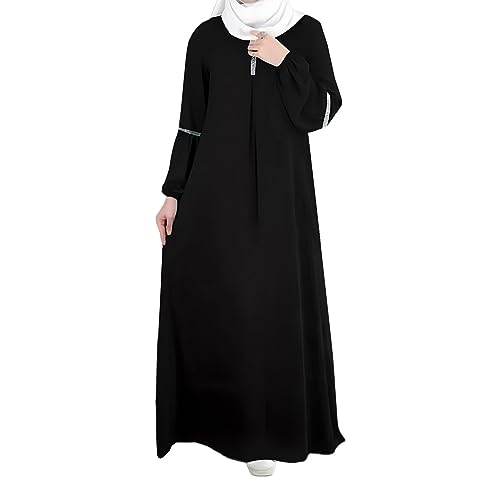 GOKKILRW Womens Solid Color Abaya Maxi Dress Modest Muslim Prayer Robe Long Sleeve Dubai Long Dress Islamic Lightweight Dress - color: Black, size: Medium