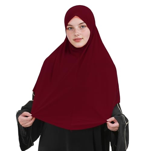 Instant Hijab 여성용 무슬림 부드럽고 신축성 있는 기도 히잡 이슬람 두바이 중동 단색 헤드스카프 - color: 체리 레드