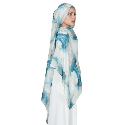 Printed Hijab for Women Printing Hijab Scarf for Women Muslim Islamic Prayer Clothes 1pc Muslim Women's Khimar - color: Teal Marble