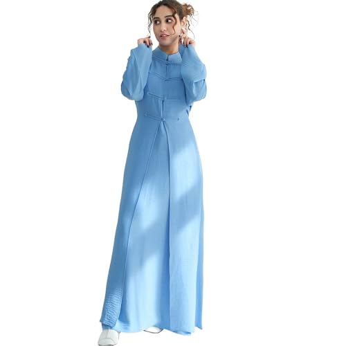 Lenmipot Elegant Middle Eastern Abaya 2pcs Stand Collar Maxi Dress for Women Muslim Jilbab Kaftan Eid Dubai Abaya Outfits - color: Bluea, size: Large