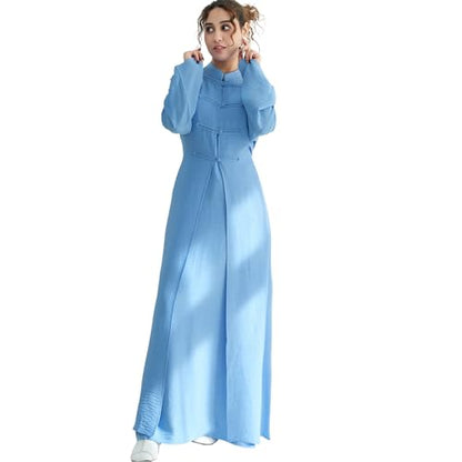 Lenmipot Elegant Middle Eastern Abaya 2pcs Stand Collar Maxi Dress for Women Muslim Jilbab Kaftan Eid Dubai Abaya Outfits - color: Bluea, size: Large