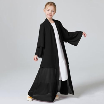 Kids Abaya Dress for Girls Muslim Dress with Hijab Chiffon Layered Open Front Cardigan Ramadan Eid Kaftans Dubai Outfit - color: Black, size: 4-5 Years