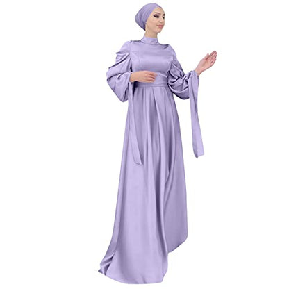 OBEEII Muslim Dress for Women Loose Full Cover Long Abaya Satin Dress Kaftan Abayas Islamic Robe S-XXL - color: Purple+hijab, size: Small