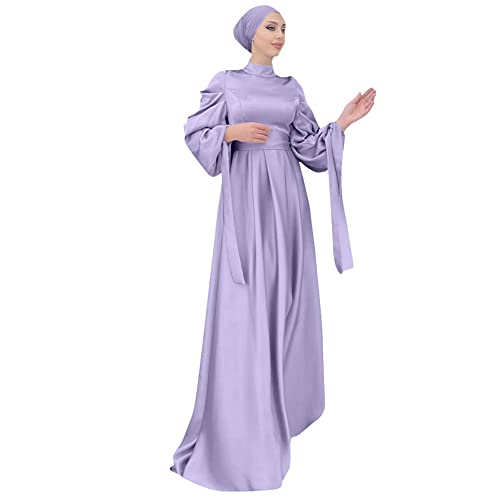 OBEEII Muslim Dress for Women Loose Full Cover Long Abaya Satin Dress Kaftan Abayas Islamic Robe S-XXL - color: Purple+hijab, size: XX-Large