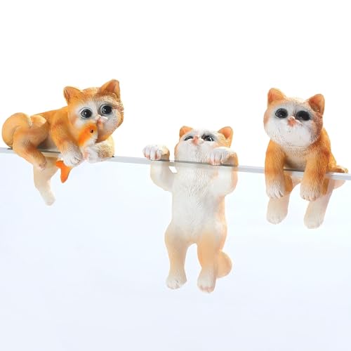 Cute Cat Figures Aquarium Miniature Decoration with Fishing and Lying Down Model Statue for Fish Tank Decorations and Ornament (3 Pcs Yellow Cats) - color: 3 Pcs Yellow Cats