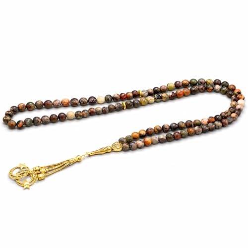 Amazing Gemstone Crystal Tasbeeh with Moon and Star Charm - Certified Crystal Muslim Prayer Beads Natural Gemstone Tasbih Gift for Ramadan Dhikr and Daily Namaz (G) - color: Brown Opal