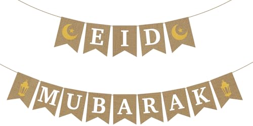 Jute Burlap Eid Mubarak Banner, Rustic Mubarak Decorations, Ramadan Party Decorations, Eid Party Decor, Muslim Fireplace Mantel Decoration Supplies