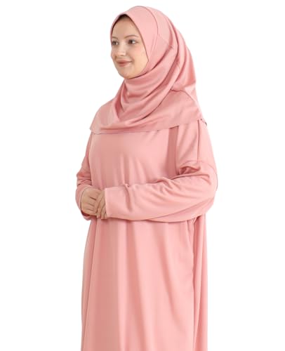 Women Prayer Clothes with Hijab Muslim Outfits Long Robe Abaya Turkish Islamic Dresses Dubai Kaftan with Rosary - color: Rose