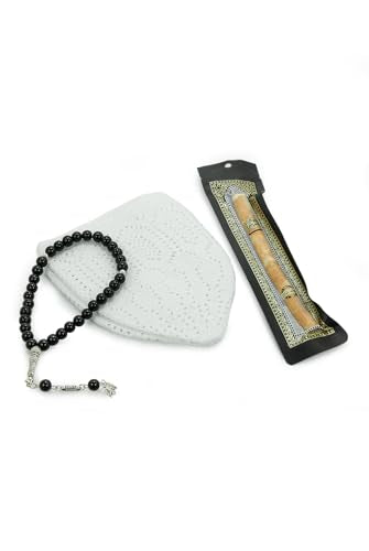 ihvan online Men’s Muslim Kufi Hat Set with Tasbih Prayer Beads & Miswak, Islamic Gift for Ramadan, Eid Mubarak, Hajj & Umrah - color: White