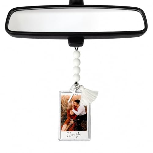 Personalized Photo Car Charm with 4 White Beads, Tassel & Cross Charm | Custom Picture Rearview Mirror Hanging Ornament | Memorial Gift | Car Charm or Keychain | Gold or Silver Cross