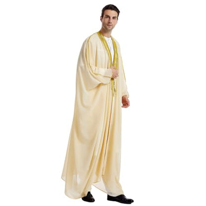 FYMNSI Men's Robe Muslim Clothes Kimono Loose Abaya Dresses Long Sleeve Embroidered Chiffon Kaftan Casual Formal Dubai Thobe - color: Beige, size: X-Large