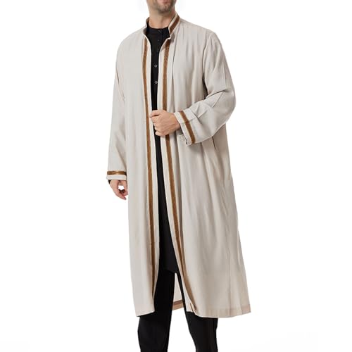 Thobe for Men Abaya Islamic Clothing Loose Long Sleeve Muslim Kaftan Open Front Dubai Arabic Robe Prayer Costume - color: Beige, size: Large