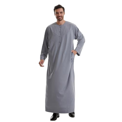 IWEMEK Men Muslim Thobe Long Sleeve Kaftan Robe with Pockets Saudi Arabic Thobe Ramadan Middle East Dubai Islamic Abaya Dress - color: Grey, size: Small