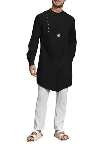 Gafeng Mens Kaftan Thobe Long Sleeve Robe Gown Casual Cotton Linen Button Muslim Shirt - color: Black, size: X-Large